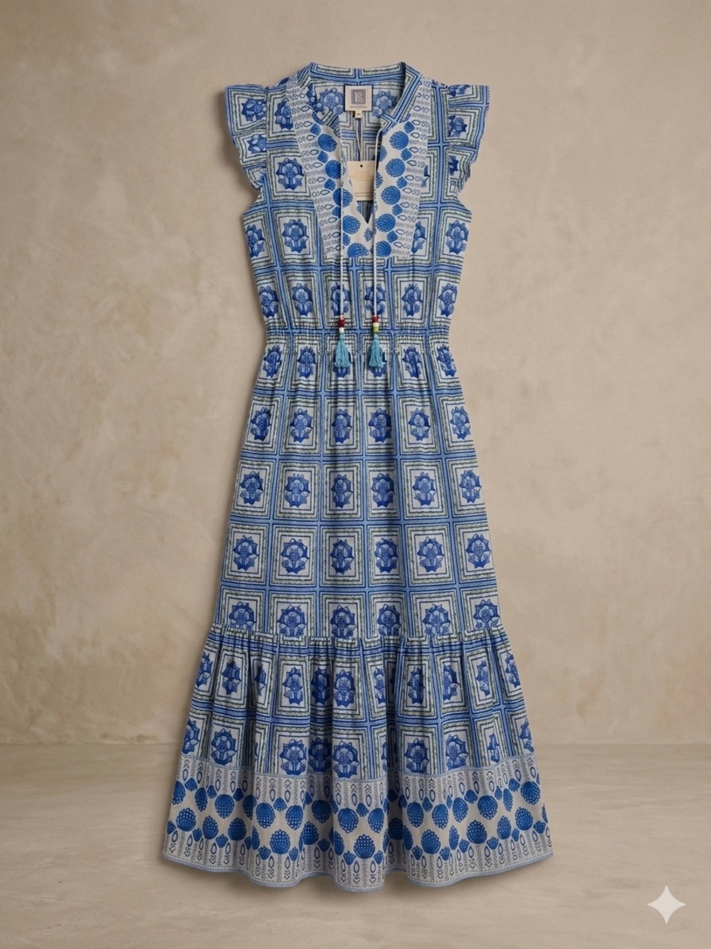 NWT Bell by Alicia Bell Lola Midi Dress Blue Tile Print Size Small